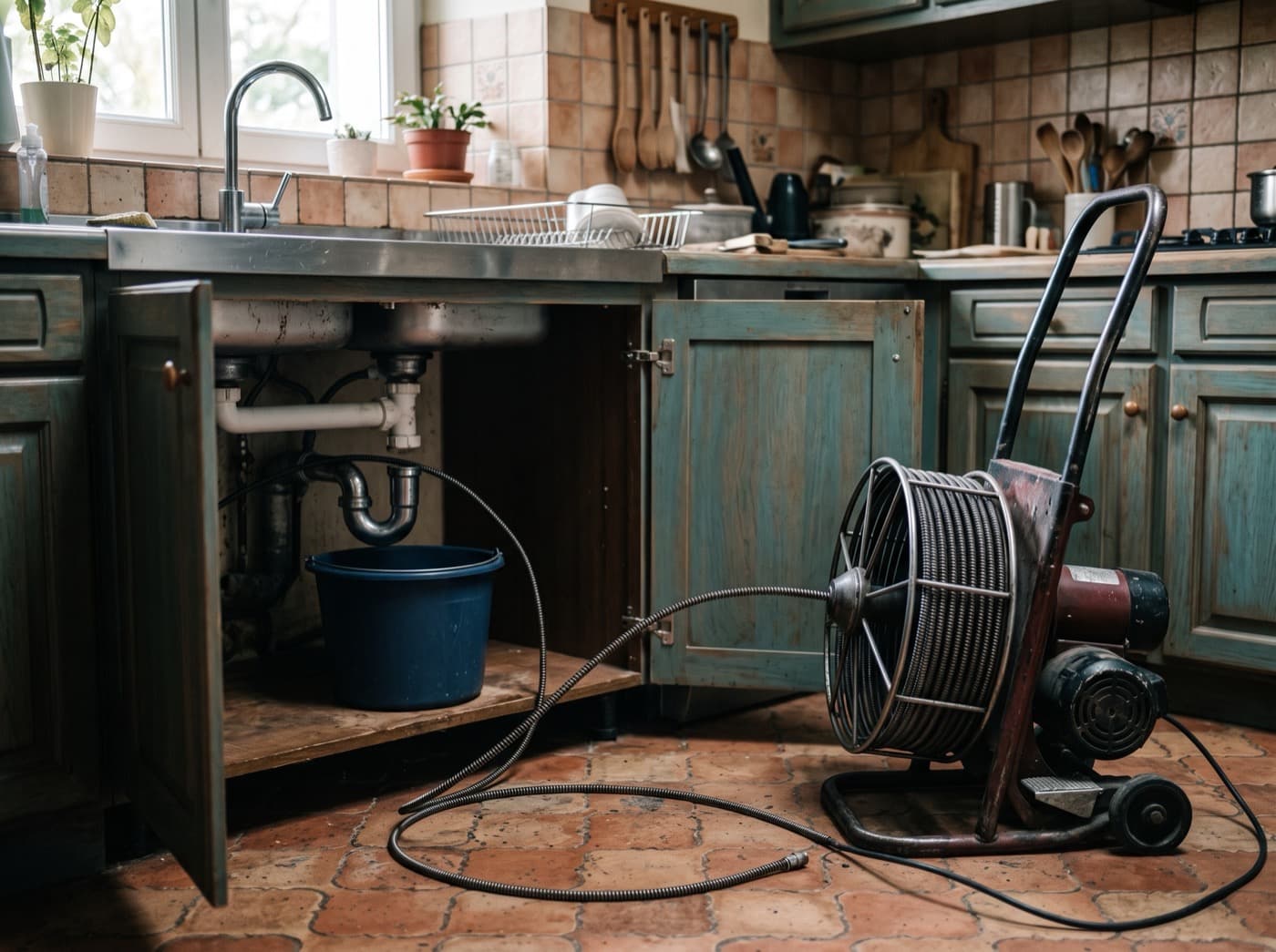 Furet électrique déroulé devant un siphon d'évier ouvert