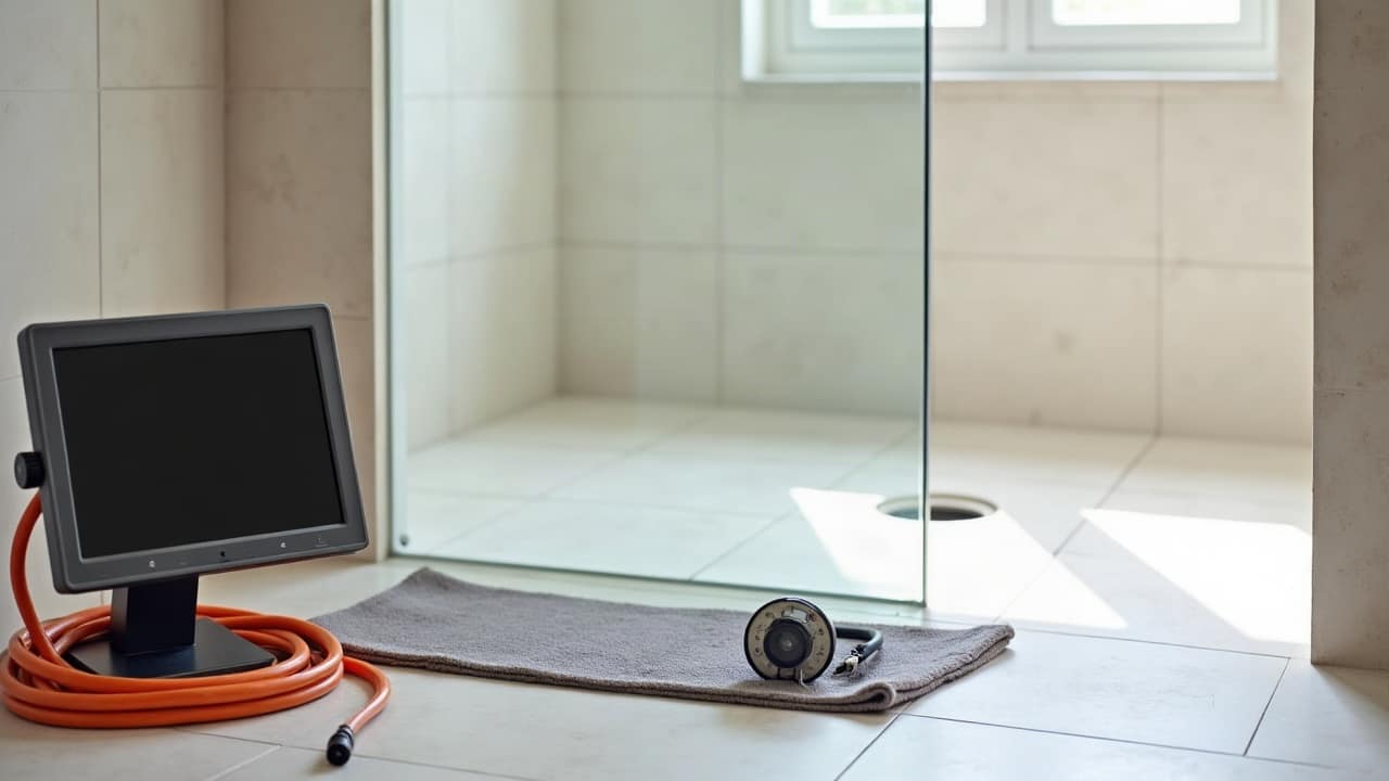 Caméra d'inspection de canalisation, écran et enrouleur posés devant l'évacuation d'une douche