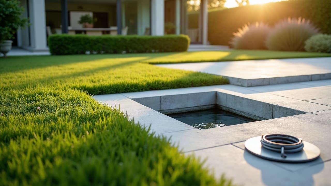 Regard de visite ouvert en bordure de pelouse, sur une terrasse en pierre claire