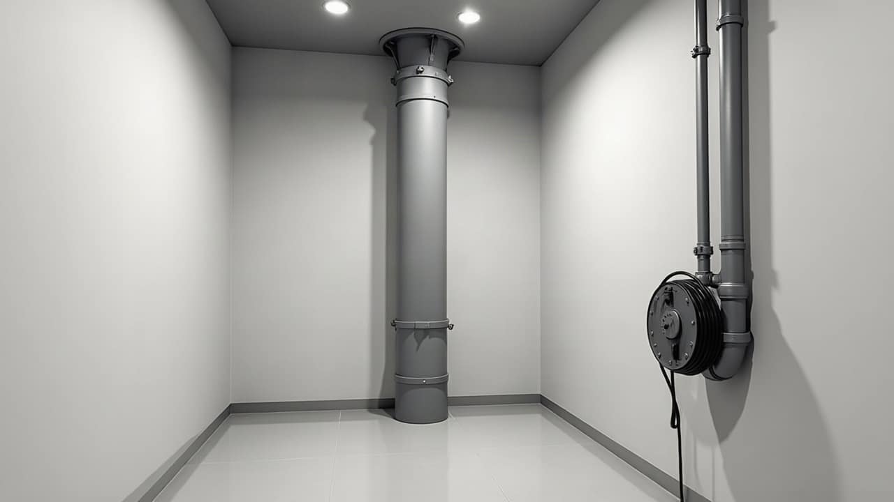 Colonne d'évacuation et tampon de visite ouvert dans un local technique d'immeuble