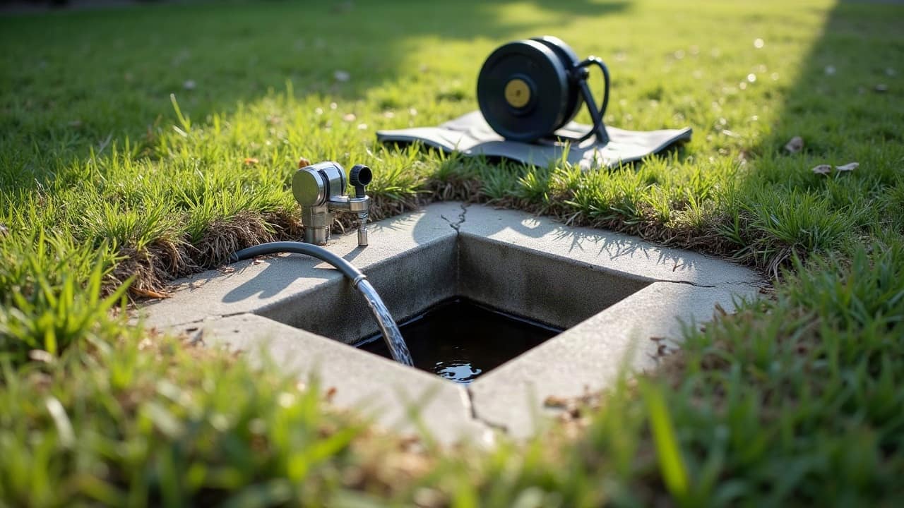 Regard de visite ouvert dans une pelouse, eau claire qui s’écoule, câble et enrouleur posés à côté