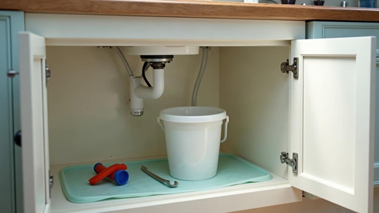 Siphon d’évier remonté sous un meuble de cuisine, seau et clé sur un tapis de protection