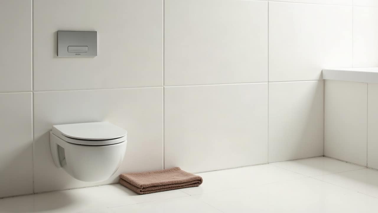 WC suspendu propre, eau claire dans la cuvette, furet à cuvette posé sur un tapis
