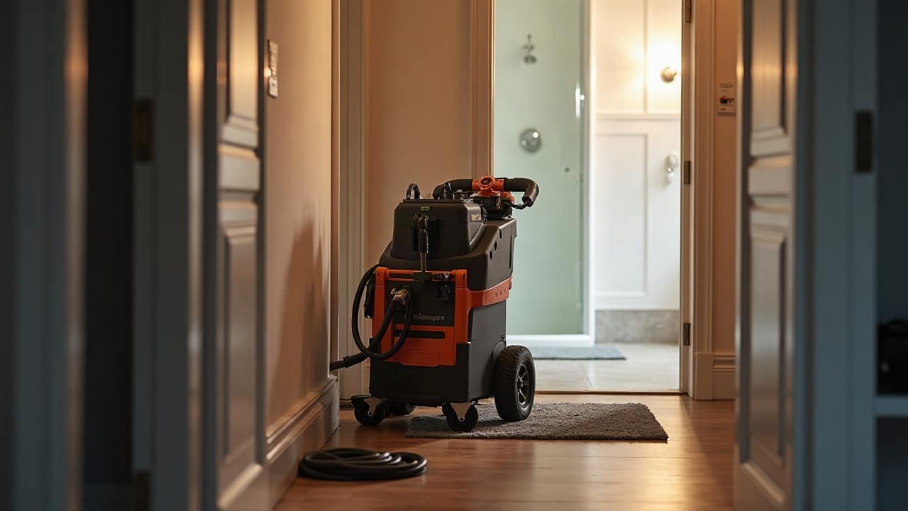 Machine de débouchage à câble posée sur un tapis de protection dans un couloir, salle de bain dégagée au fond
