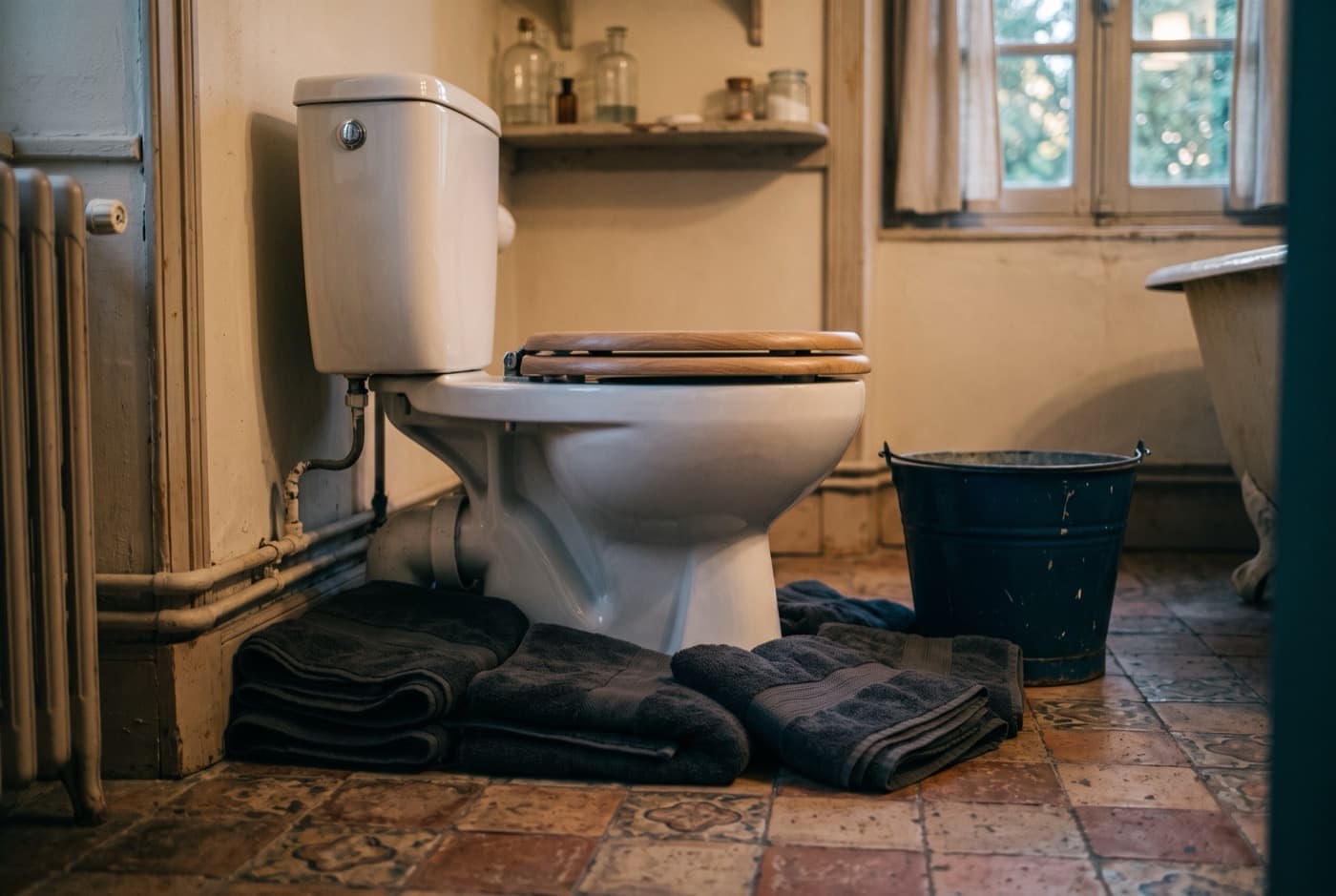 Serpillières disposées au sol autour du pied d'une cuvette de WC