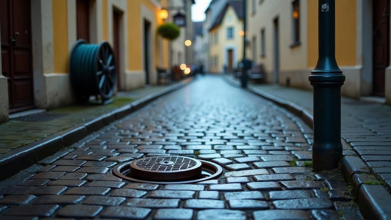 Tampon de fonte déposé sur les pavés mouillés d’une rue ancienne, enrouleur de flexible à côté