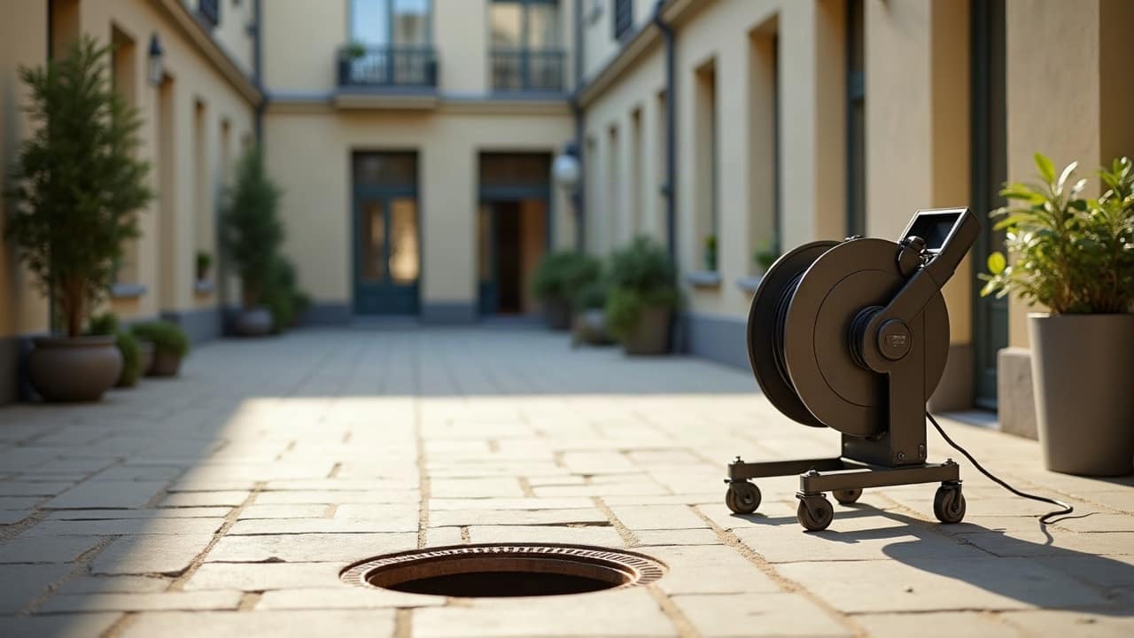 Grille d’évacuation ouverte dans une cour d’immeuble, enrouleur de caméra d’inspection à côté