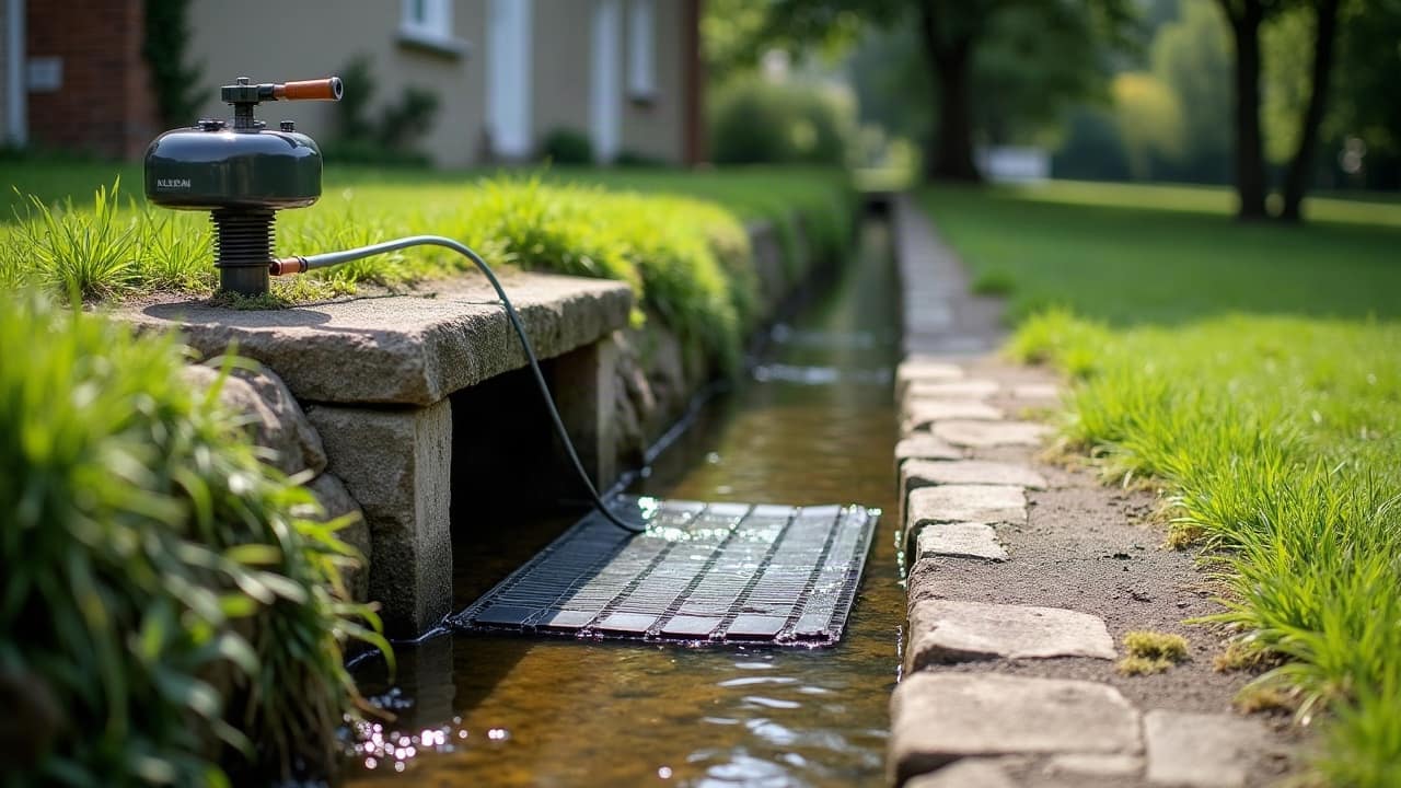 Regard de visite ouvert au bord d’un muret, eau claire qui s’écoule dans la cunette