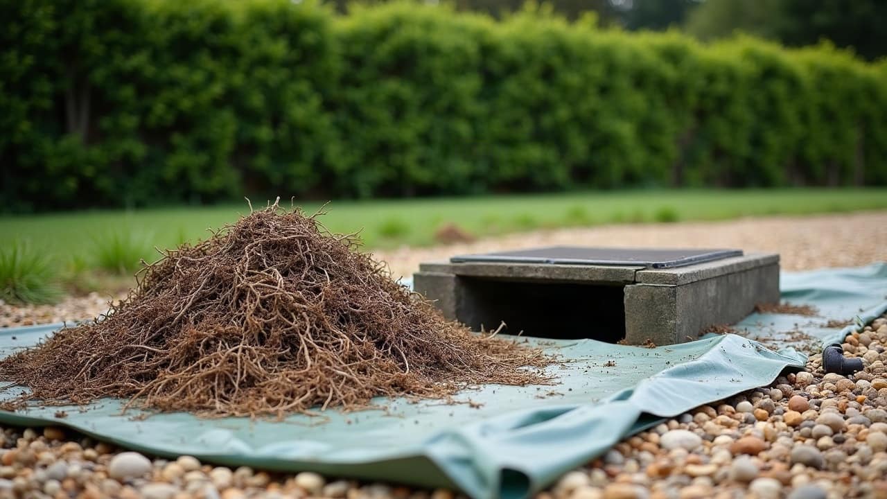 Chevelu de racines retiré d’une canalisation, posé sur une bâche à côté du regard ouvert