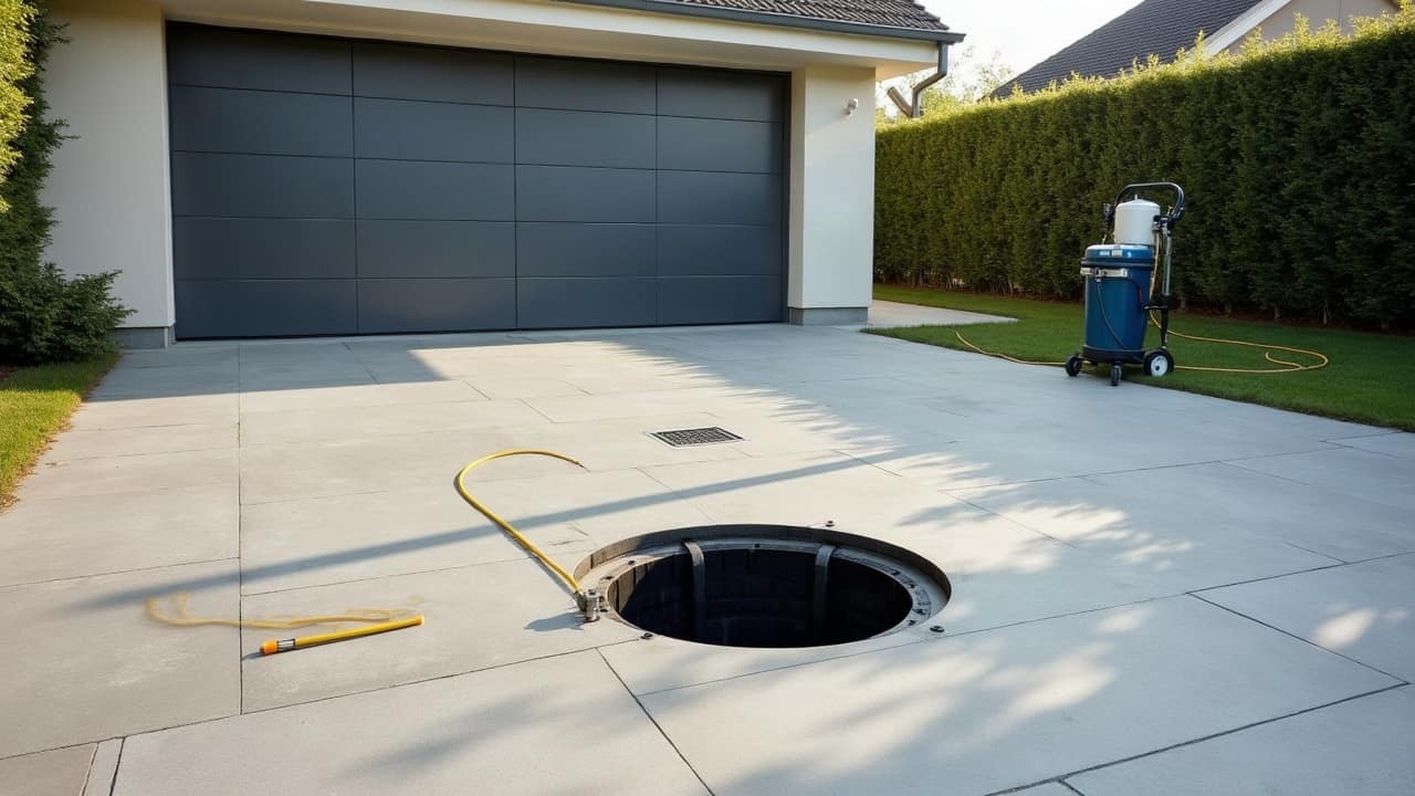 Regard ouvert dans une allée pavée, unité d’hydrocurage posée devant un garage