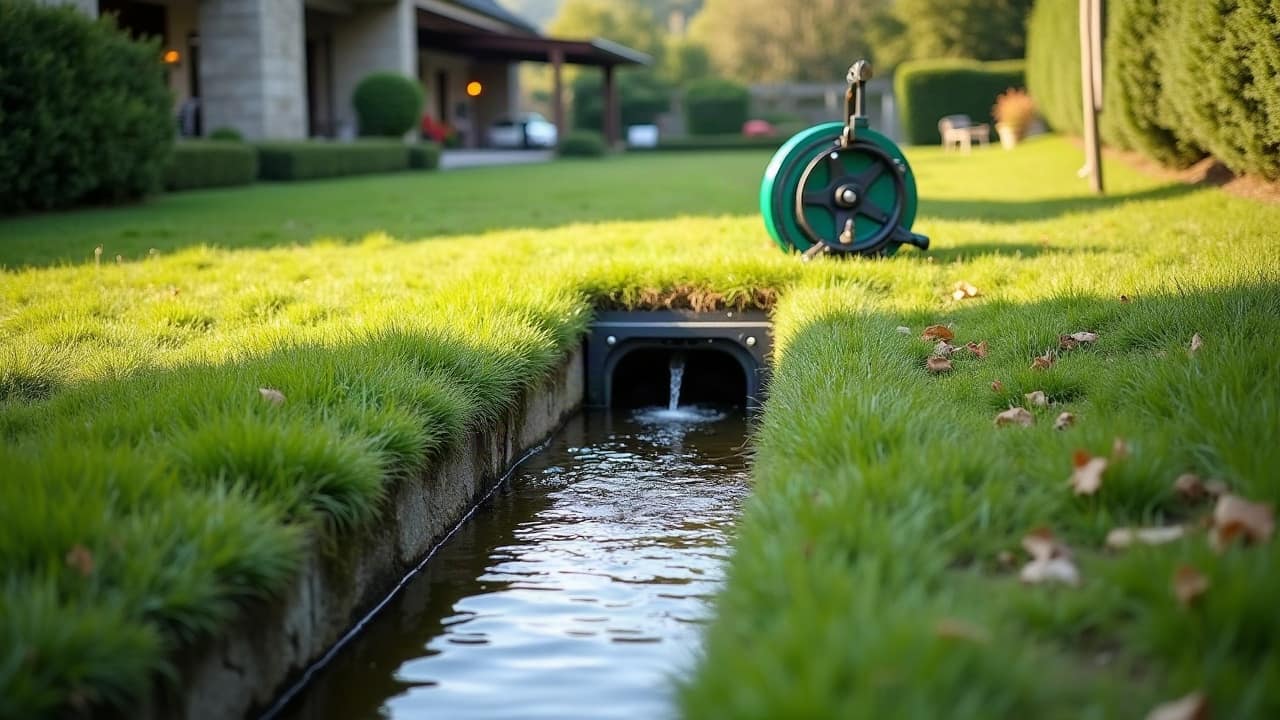 Regard de visite ouvert en bas d’une pelouse en pente, eau claire dans la cunette