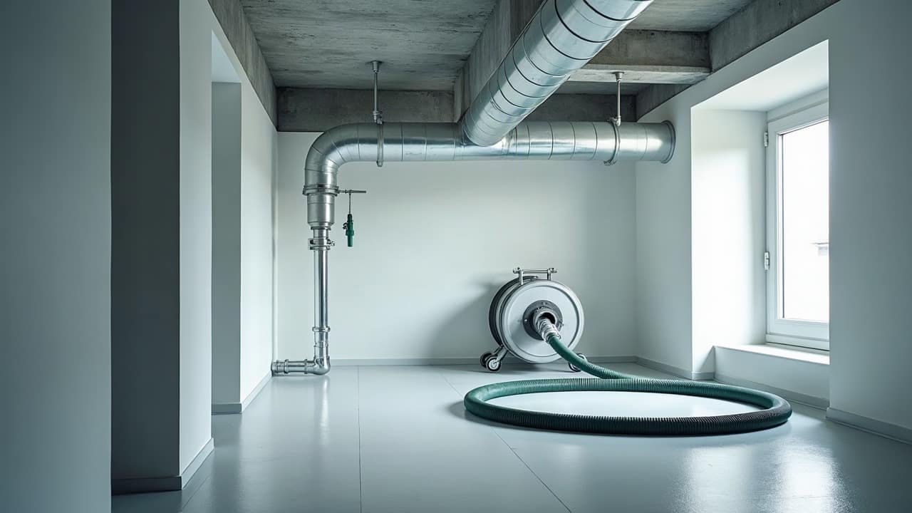 Collecteur horizontal et bouchon de dégorgement ouvert dans un local technique