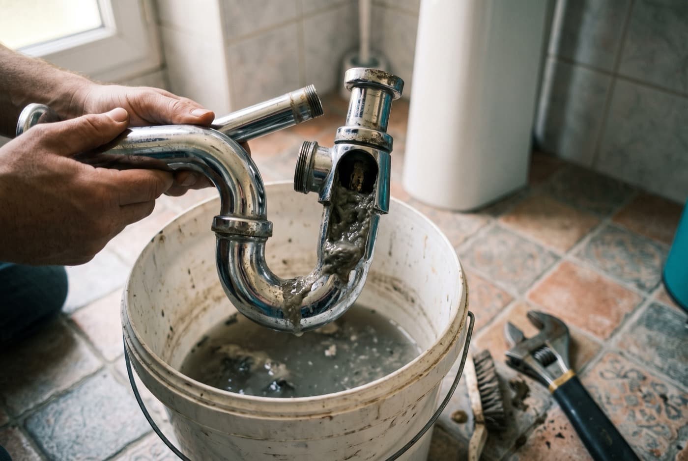 Siphon de lavabo démonté au-dessus d’un seau