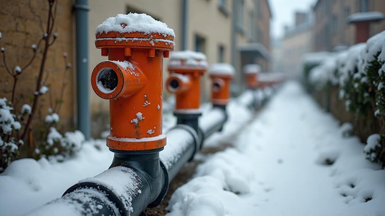 Jardin en dégel avec de la neige fondante et une canalisation extérieure visible