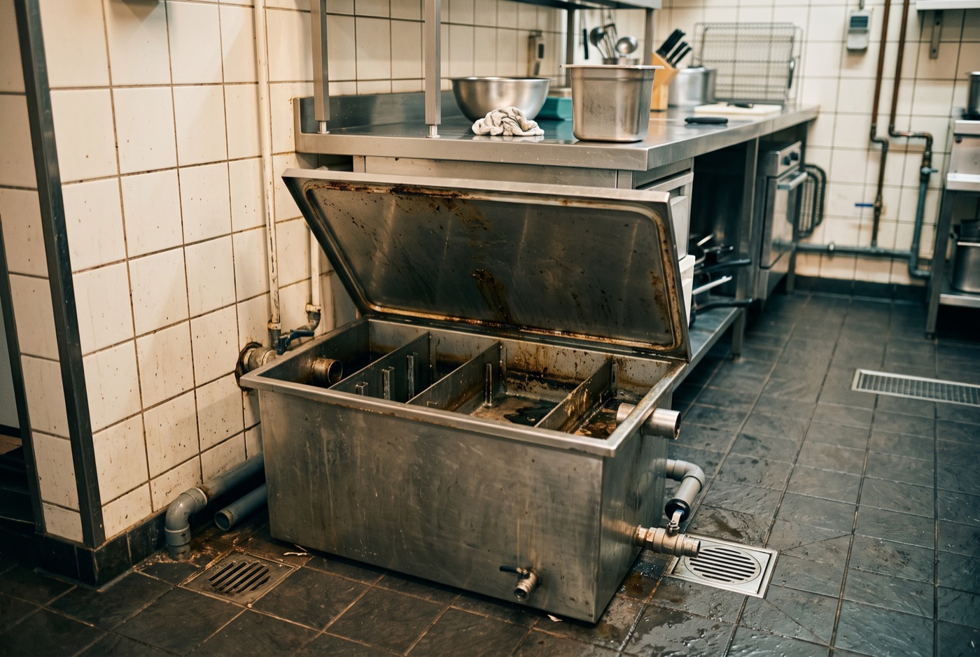 Cuve de bac à graisse en inox installée sous un plan de travail de cuisine professionnelle