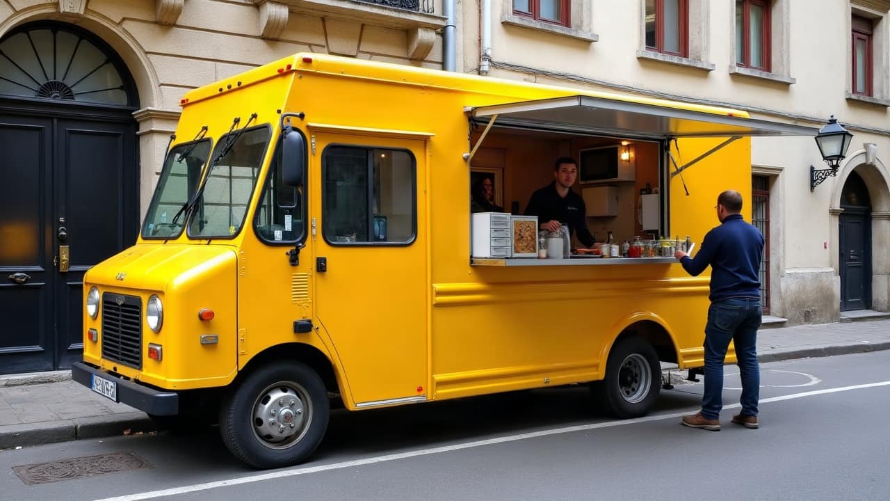 Food truck stationné avec son point de préparation ouvert sur le côté