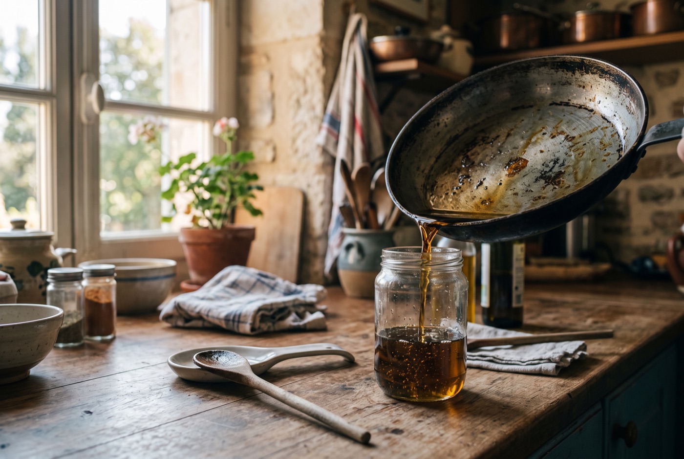 Récipient recyclé utilisé pour récupérer l'huile de friture avant élimination
