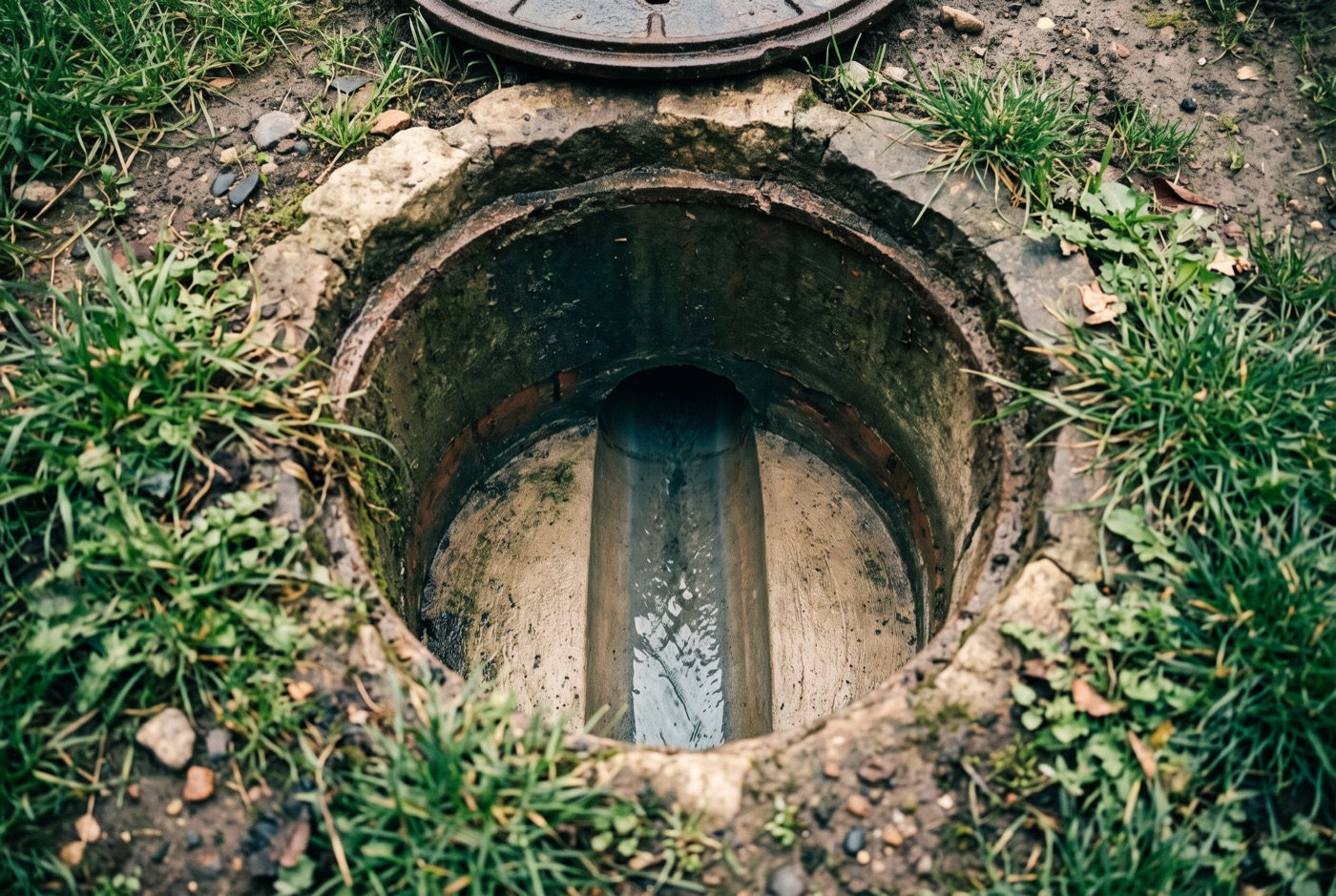 Couvercle de regard de canalisation ouvert dans un jardin, avec la canalisation visible en dessous