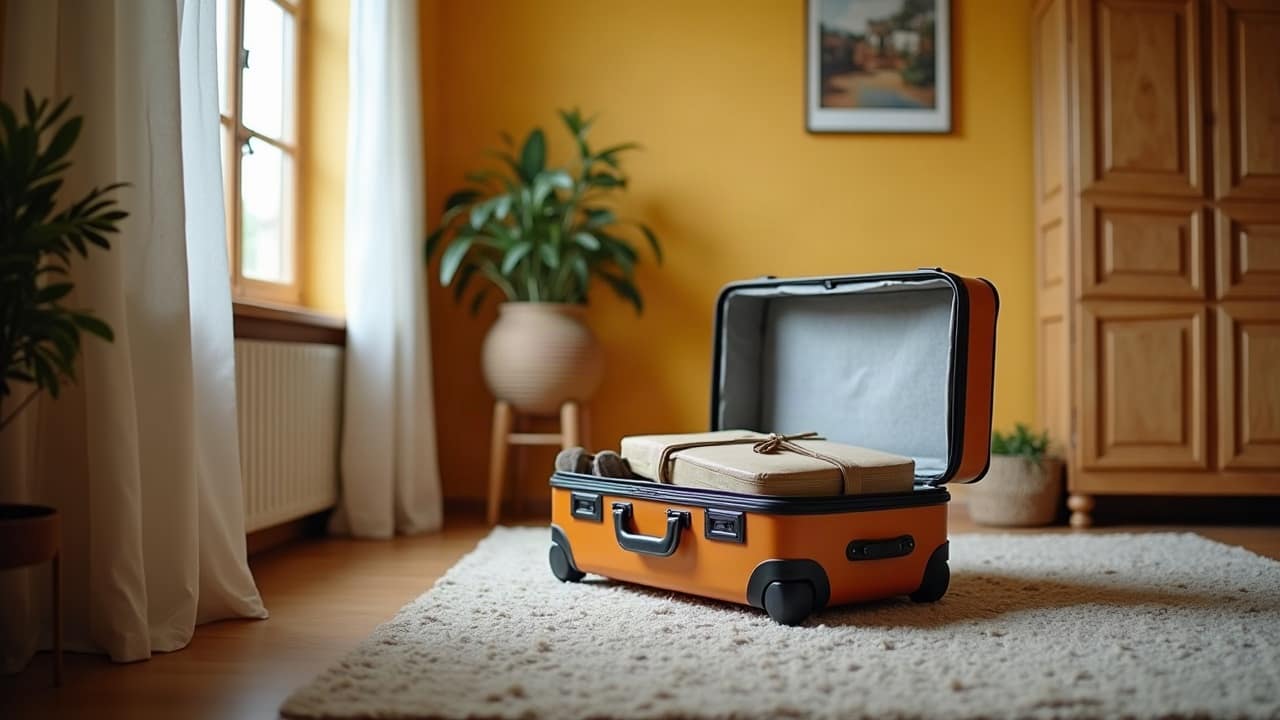 Valise ouverte posée dans une chambre, symbole de préparatifs avant un départ en vacances