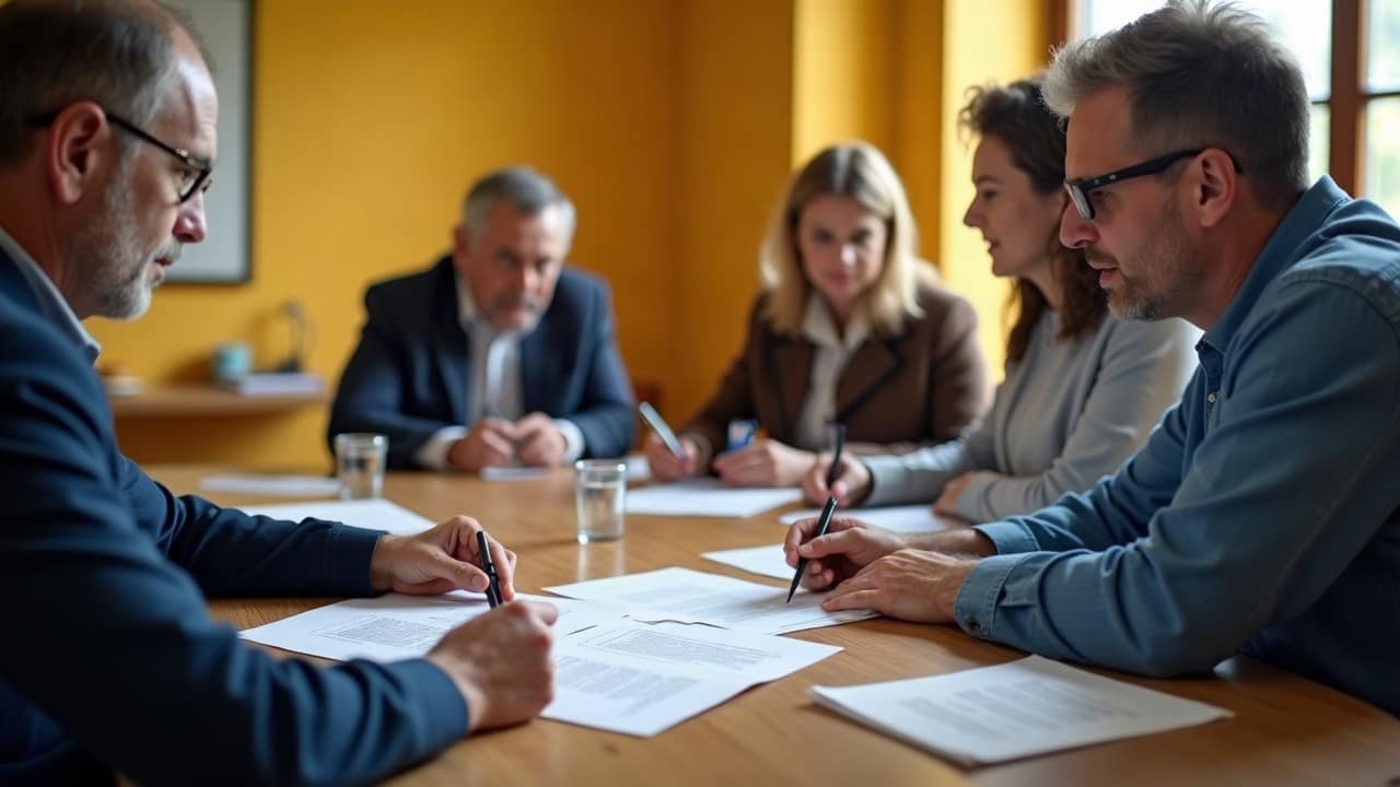Réunion de copropriétaires autour d'une table, document de syndic posé devant eux