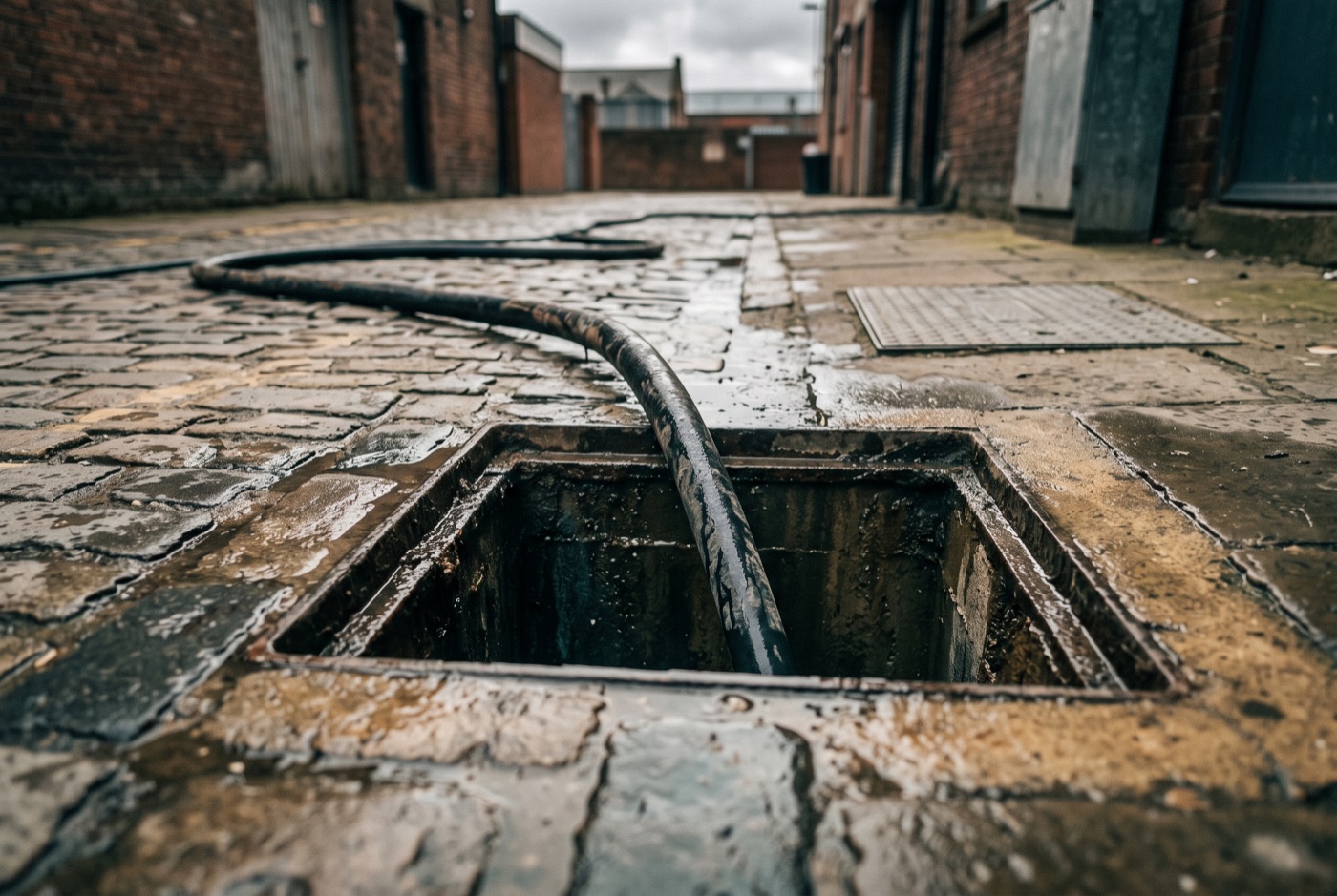 Flexible d'hydrocurage introduit dans un regard de canalisation extérieur
