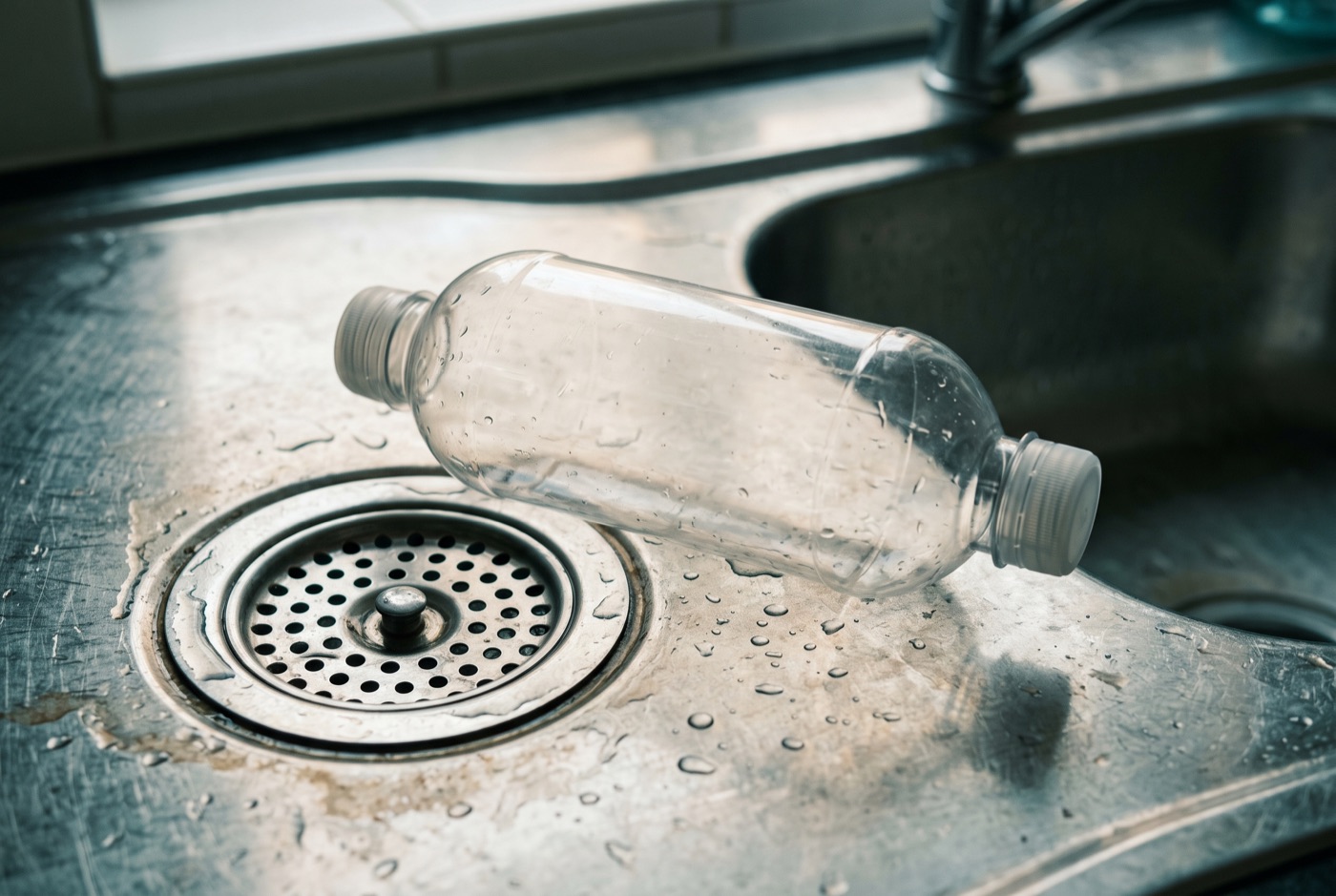Flacon de produit déboucheur générique posé à côté d'une bonde d'évier