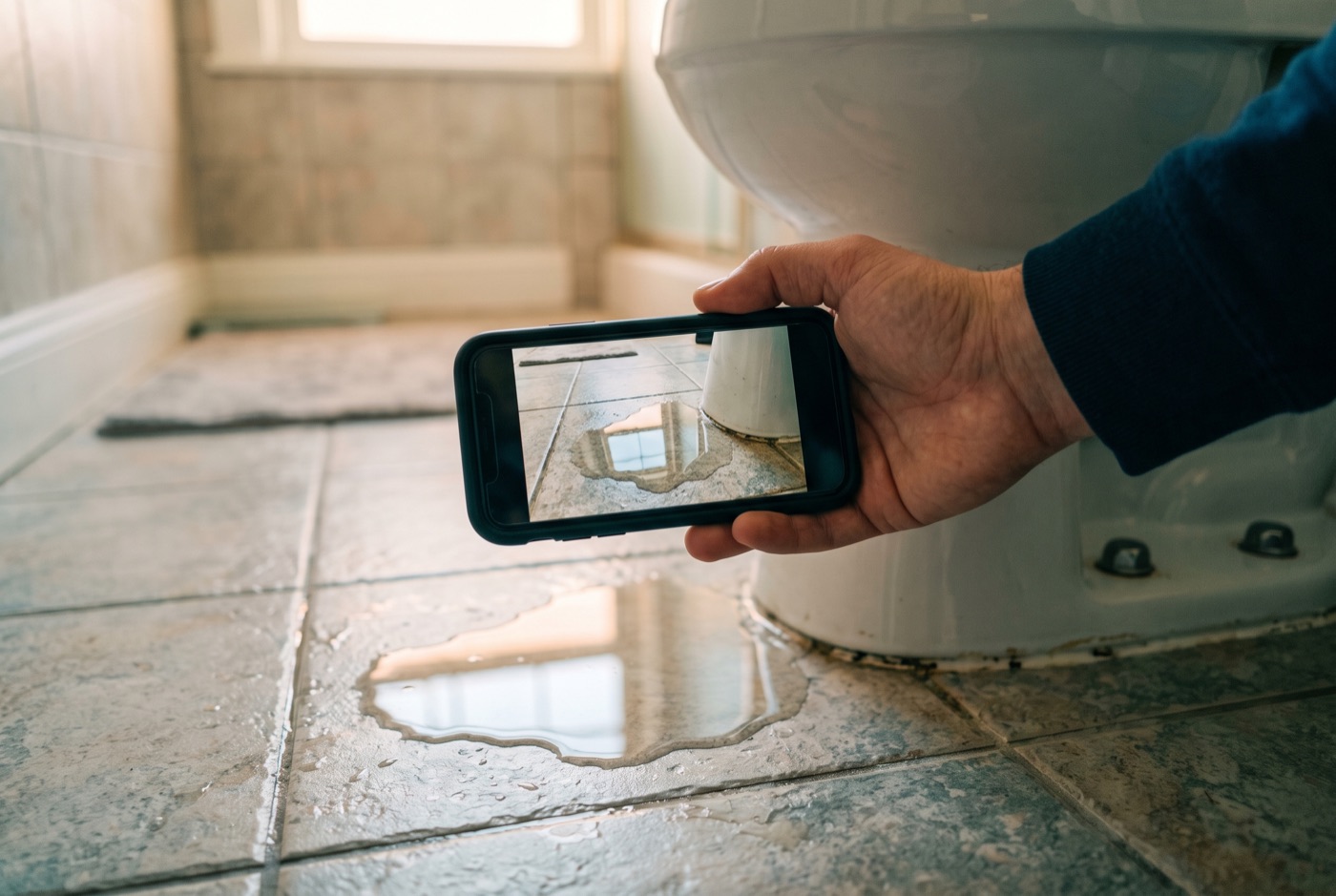 Smartphone photographiant une flaque d'eau au sol près d'un WC