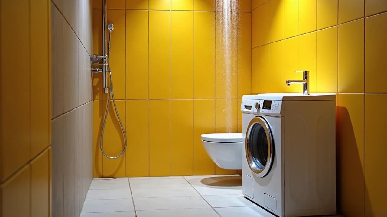 Machine à laver en cours d'essorage à côté d'une cabine de douche dans une même salle de bain