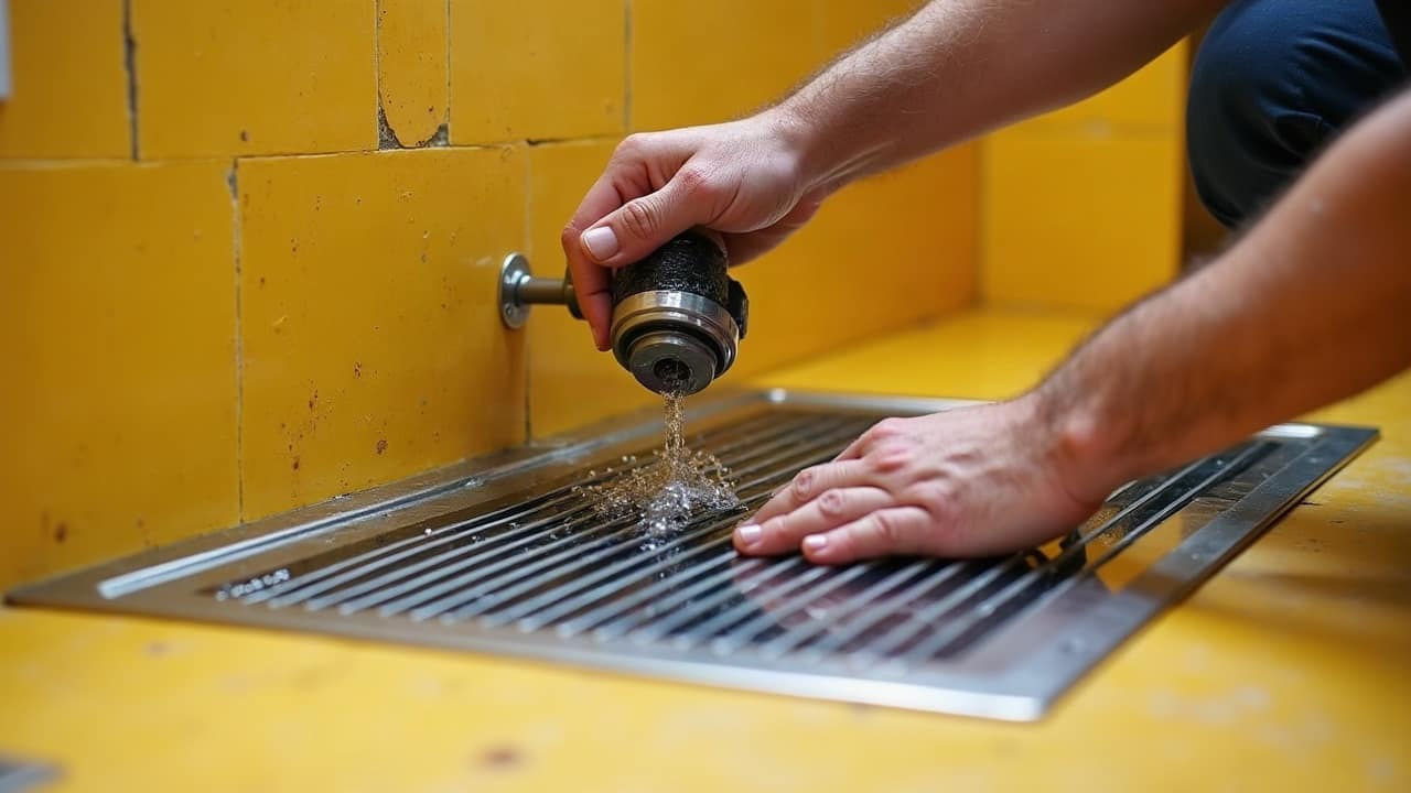 Caniveau de douche à l'italienne avec une grille métallique visible au niveau du sol