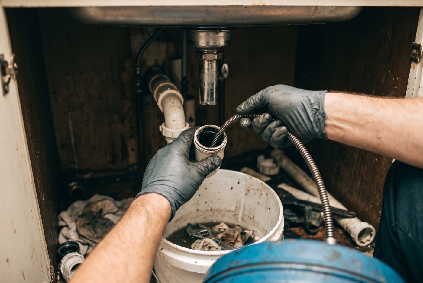 Technicien manipulant un équipement de débouchage face à une canalisation extérieure