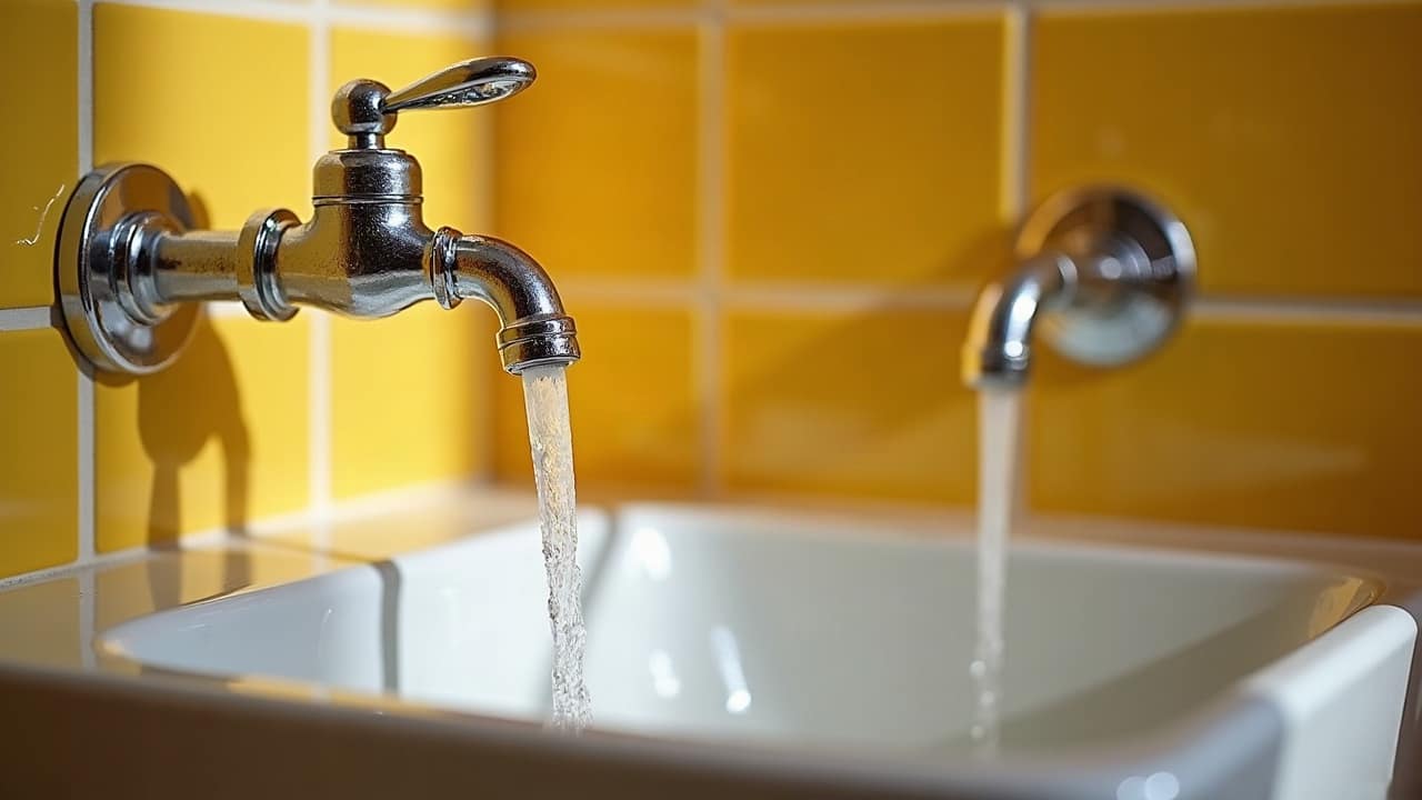 Eau qui s'évacue lentement dans une douche, sans dépôt visible sur la bonde