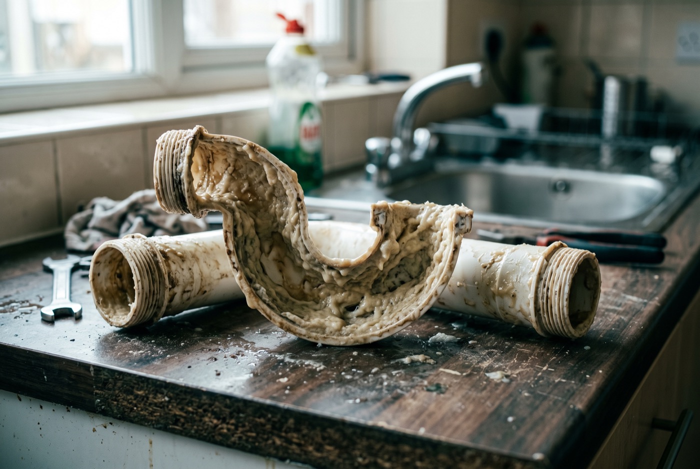 Résidus de graisse figée à l'intérieur d'une canalisation d'évier