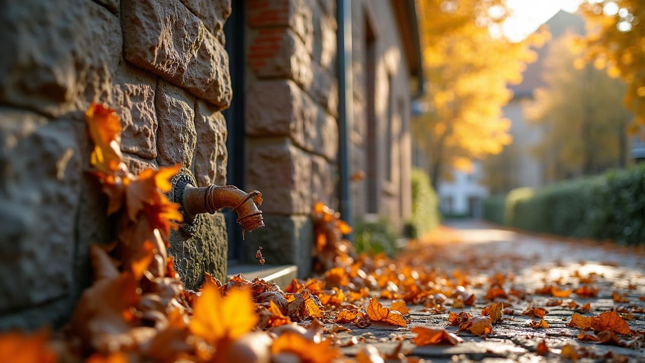 Regard de canalisation extérieur partiellement recouvert de feuilles mortes en automne
