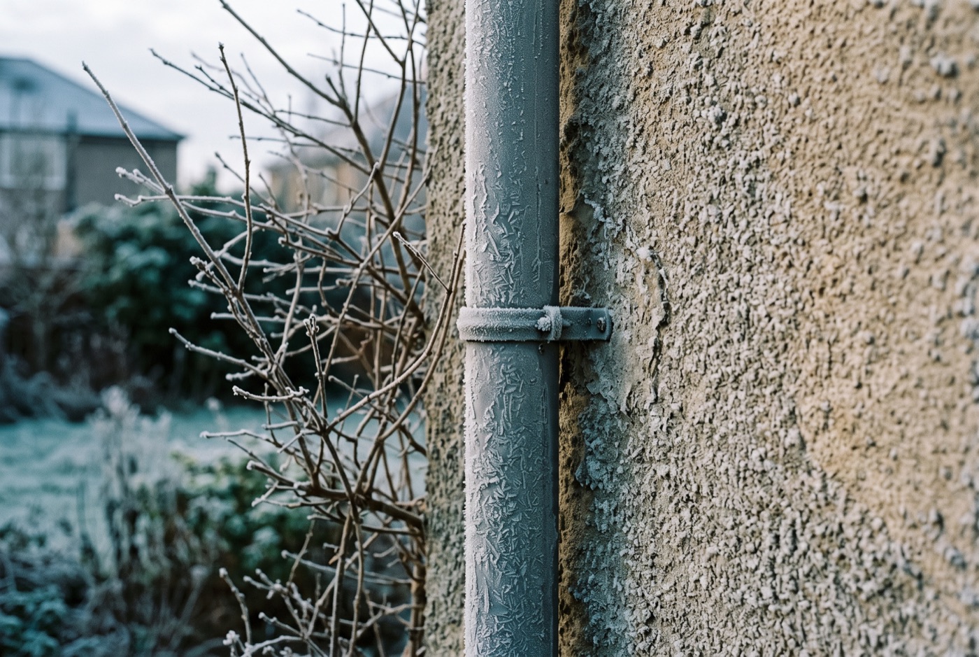 Canalisation extérieure recouverte de givre par temps de gel