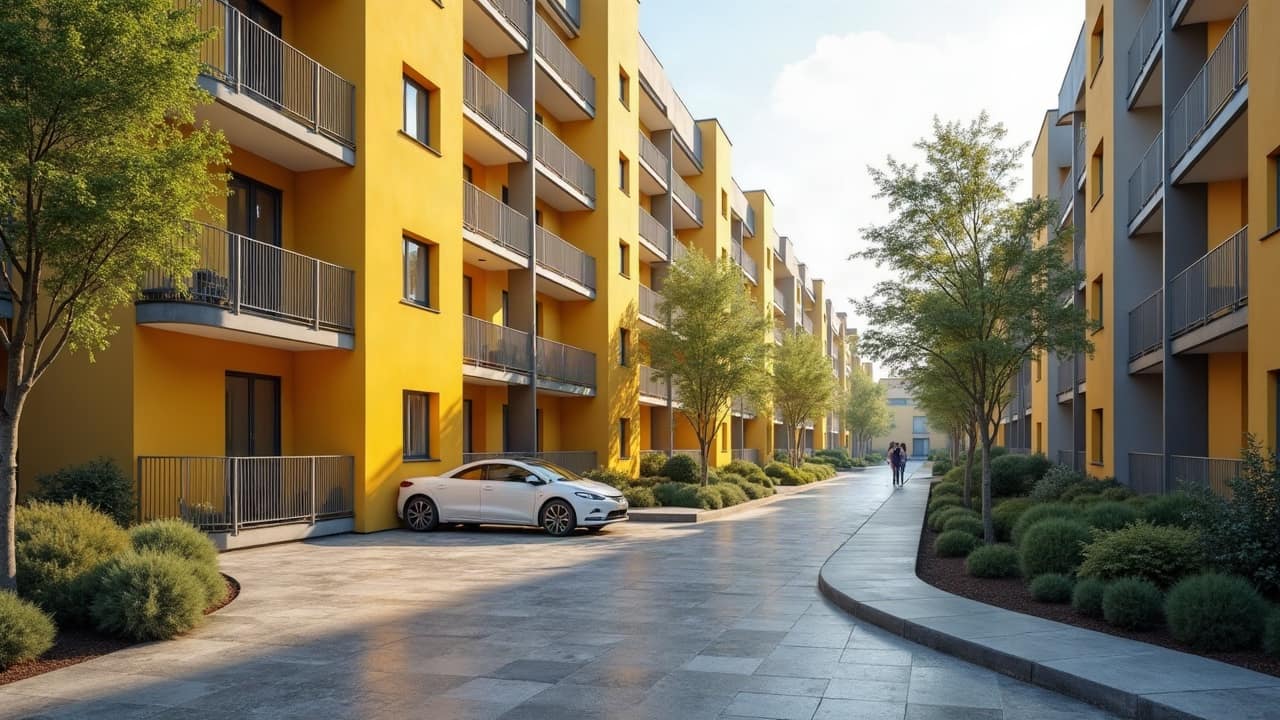 Immeuble collectif récent avec façade moderne et plusieurs étages de balcons
