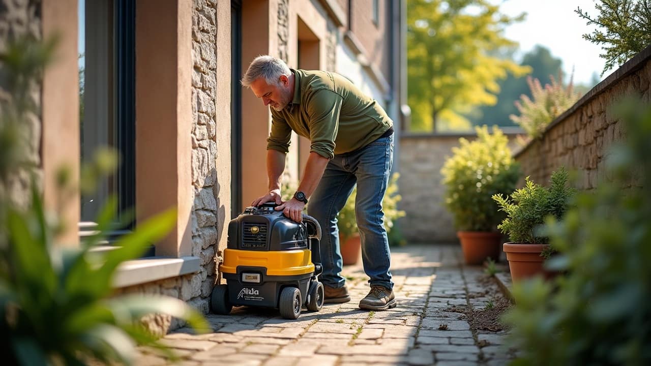 Chantier de rénovation avec une pelle mécanique travaillant près d'une zone de jardin