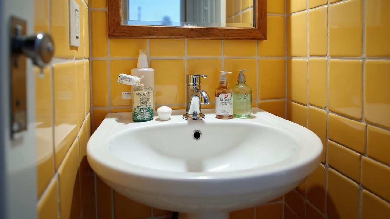 Lavabo de salle de bain avec une bonde visible, entourée de résidus de dentifrice et de savon