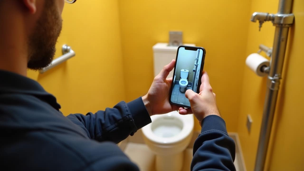 Locataire prenant une photo de son WC avec son téléphone avant de contacter le propriétaire
