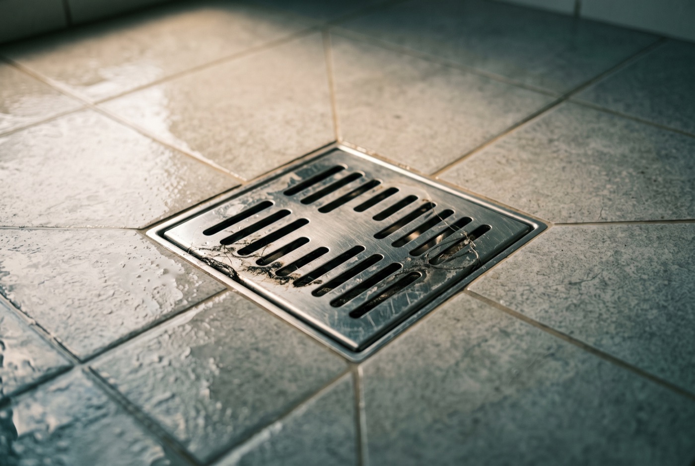 Bonde de douche avec un léger dépôt visible autour de la grille