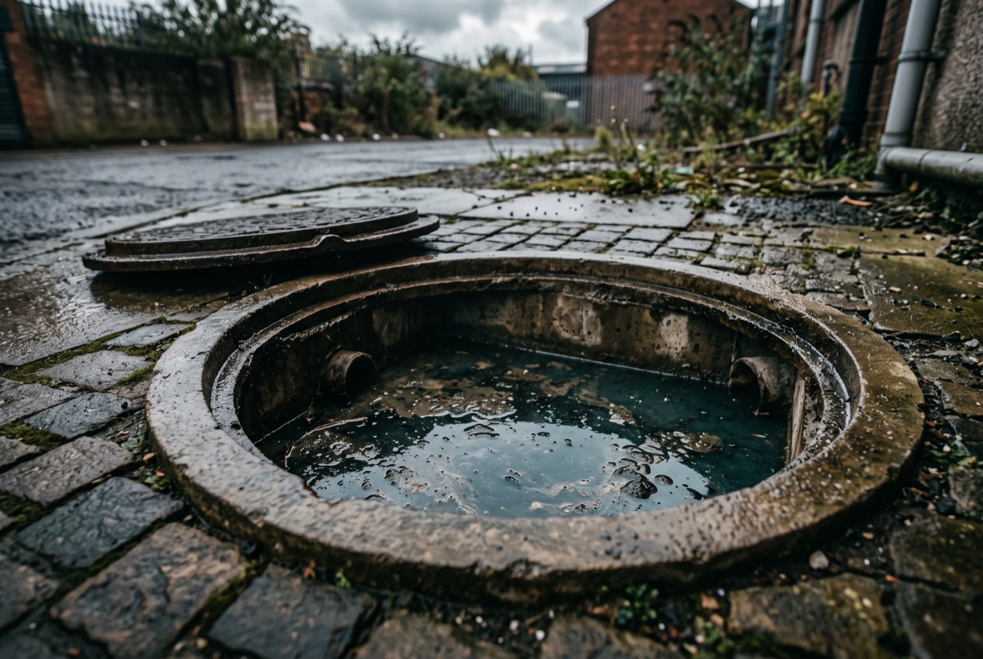 Regard d'évacuation extérieur avec de l'eau visible proche du niveau supérieur