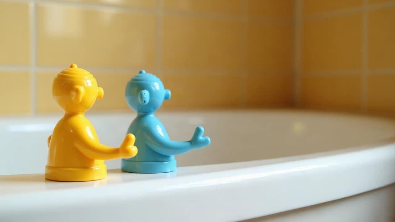 Petits jouets de bain colorés posés au bord d'une baignoire