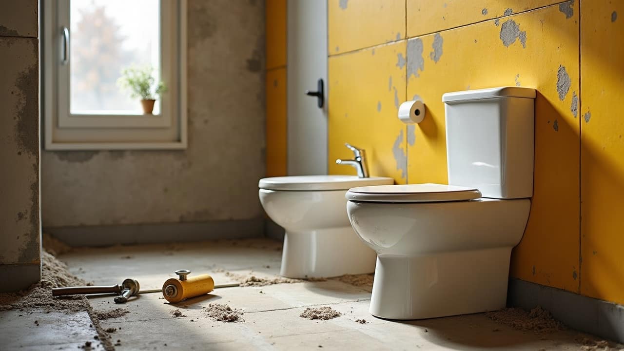 Seau et outils de maçonnerie posés à côté d'un évier de chantier