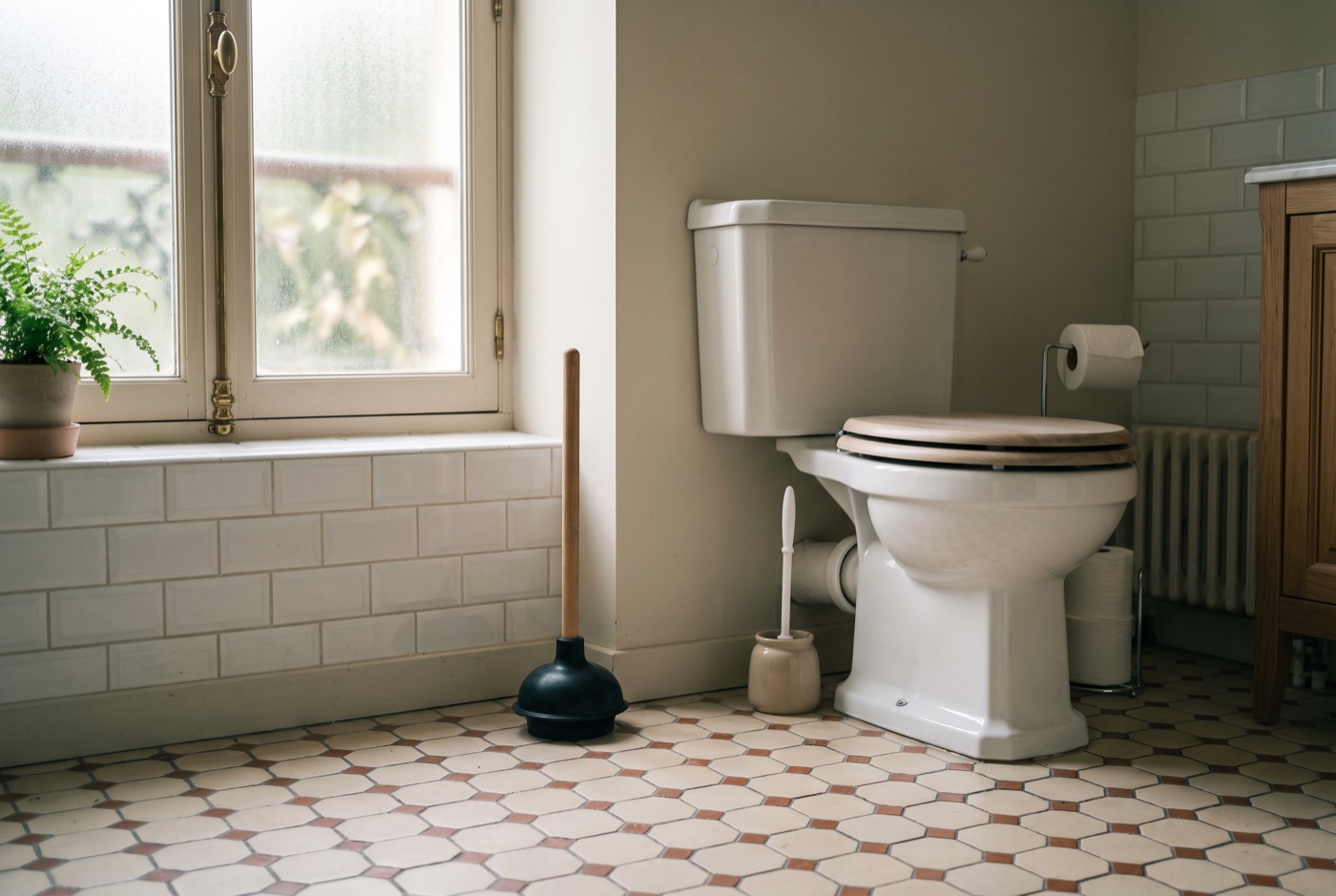 Ventouse à cloche posée à côté d'une cuvette de WC