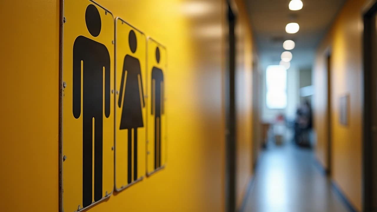 Panneau de signalisation WC dans un couloir de bureau ou de commerce